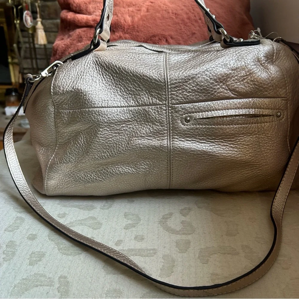 B.Makowsky Champagne Metallic Satchel Leather Crossbody Bag